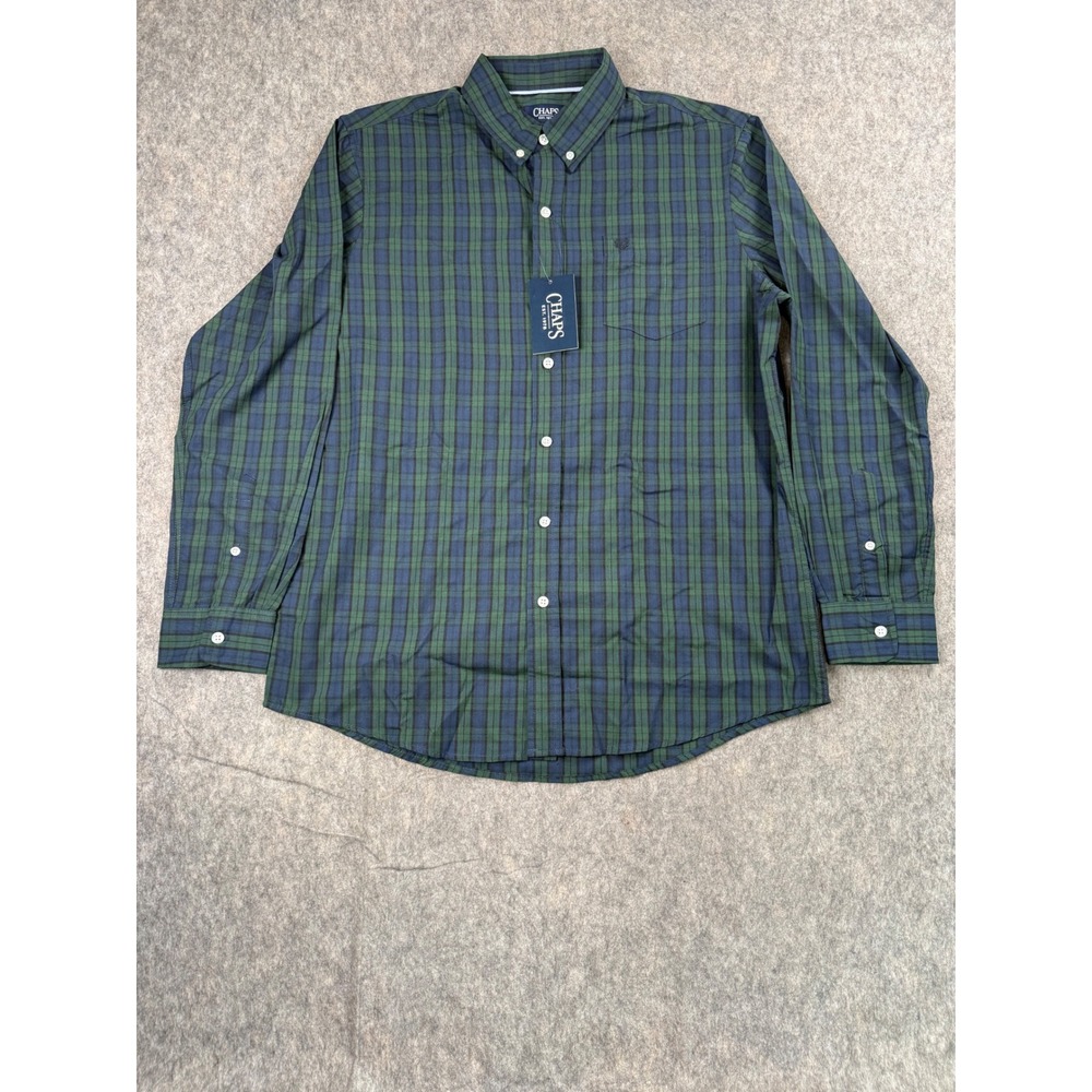 Chaps Plaid Button Down Shirt Mens M Green Blue Easy Care Long Sleeve Preppy NEW